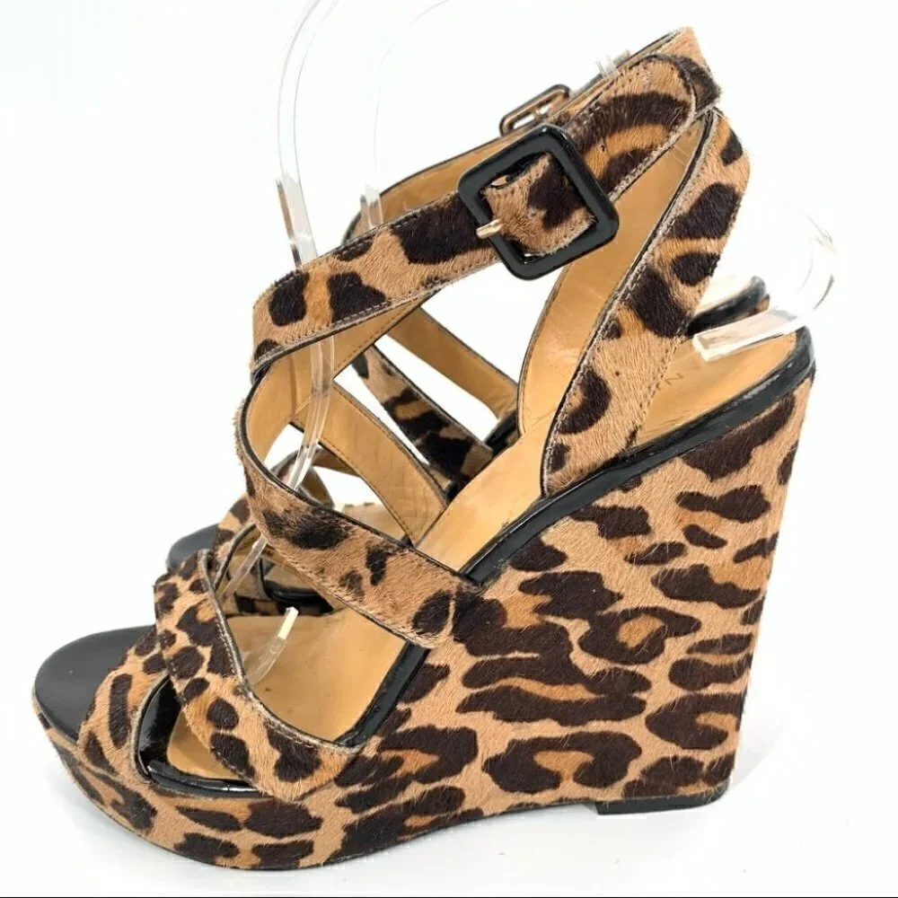 Nine West heels fannyr size 8 Cheetah print calf hair platform strappy wedges